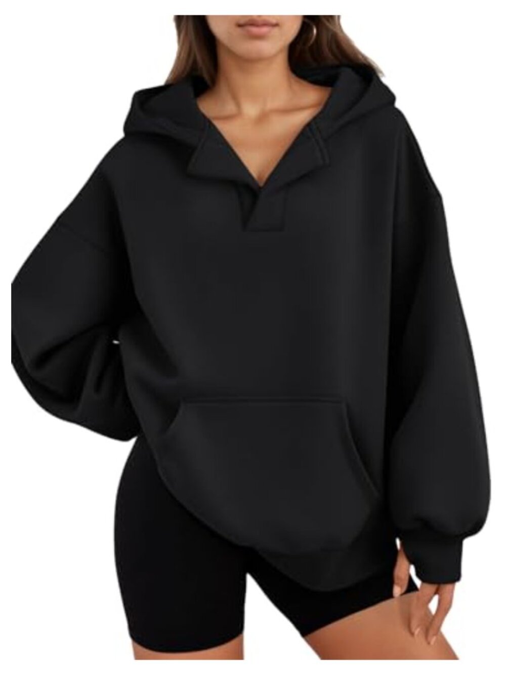 Oversized Fleece Hoodie Pullover Sweatshirt Thumb Hole V Neck Cotton Poly